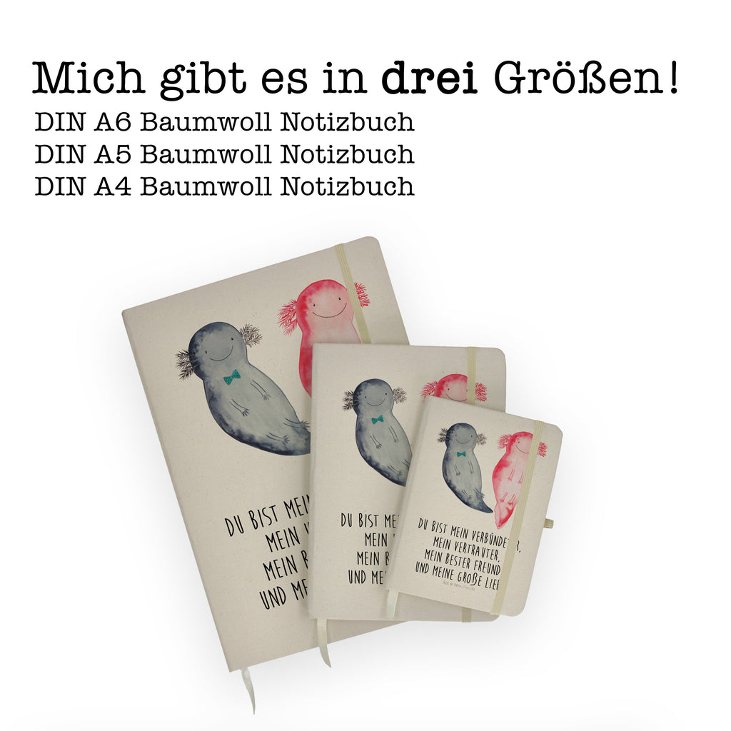 DIN A6 Baumwoll Notizbuch Axolotl Axel+Lotte Notizen, Eintragebuch, Tagebuch, Notizblock, Adressbuch, Journal, Kladde, Skizzenbuch, Notizheft, Schreibbuch, Schreibheft, Axolotl, Molch, Axolot, Schwanzlurch, Lurch, Lurche, Liebe, große Liebe, Liebesbeweis, Freund, Verlobter, Ehemann, Jahrestag, Valentinstag