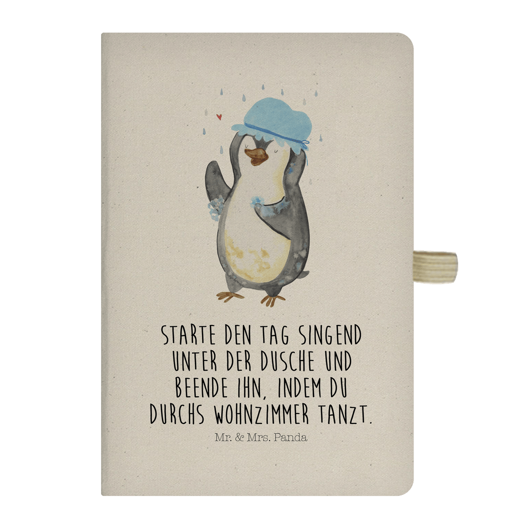DIN A6 Baumwoll Notizbuch Pinguin duscht Notizen, Eintragebuch, Tagebuch, Notizblock, Adressbuch, Journal, Kladde, Skizzenbuch, Notizheft, Schreibbuch, Schreibheft, Pinguin, Pinguine, Dusche, duschen, Lebensmotto, Motivation, Neustart, Neuanfang, glücklich sein