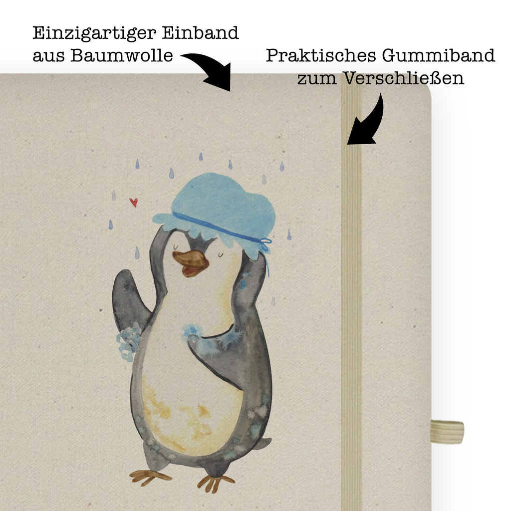 DIN A6 Baumwoll Notizbuch Pinguin duscht Notizen, Eintragebuch, Tagebuch, Notizblock, Adressbuch, Journal, Kladde, Skizzenbuch, Notizheft, Schreibbuch, Schreibheft, Pinguin, Pinguine, Dusche, duschen, Lebensmotto, Motivation, Neustart, Neuanfang, glücklich sein