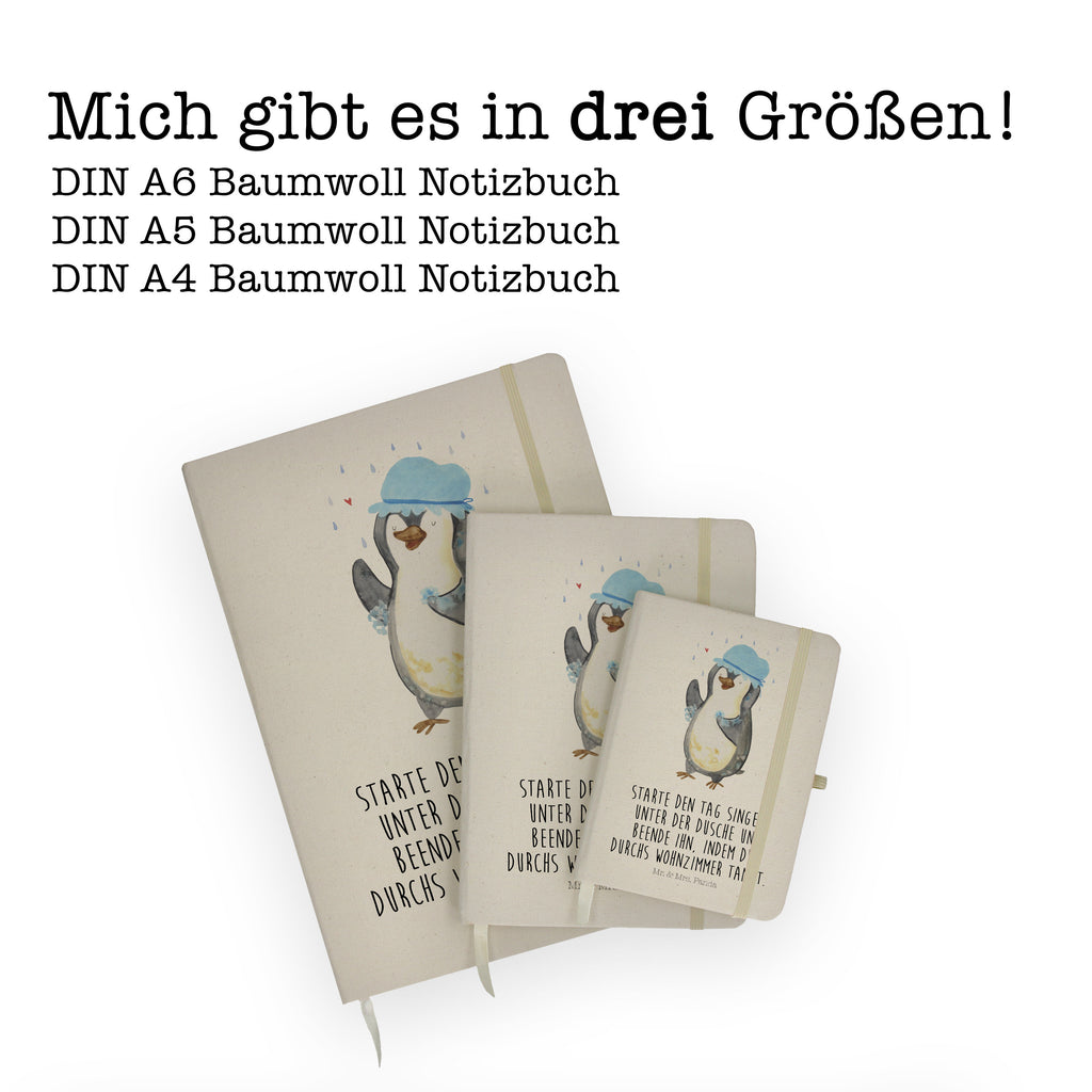 DIN A6 Baumwoll Notizbuch Pinguin duscht Notizen, Eintragebuch, Tagebuch, Notizblock, Adressbuch, Journal, Kladde, Skizzenbuch, Notizheft, Schreibbuch, Schreibheft, Pinguin, Pinguine, Dusche, duschen, Lebensmotto, Motivation, Neustart, Neuanfang, glücklich sein