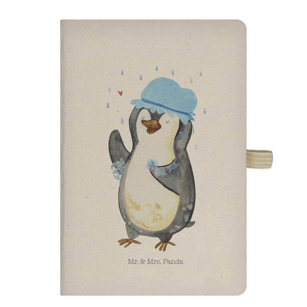 DIN A6 Baumwoll Notizbuch Pinguin duscht Notizen, Eintragebuch, Tagebuch, Notizblock, Adressbuch, Journal, Kladde, Skizzenbuch, Notizheft, Schreibbuch, Schreibheft, Pinguin, Pinguine, Dusche, duschen, Lebensmotto, Motivation, Neustart, Neuanfang, glücklich sein