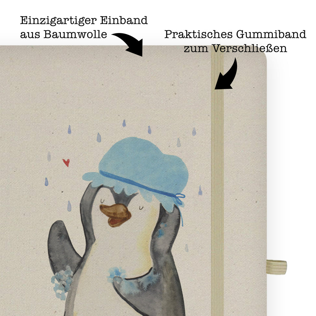 DIN A6 Baumwoll Notizbuch Pinguin duscht Notizen, Eintragebuch, Tagebuch, Notizblock, Adressbuch, Journal, Kladde, Skizzenbuch, Notizheft, Schreibbuch, Schreibheft, Pinguin, Pinguine, Dusche, duschen, Lebensmotto, Motivation, Neustart, Neuanfang, glücklich sein