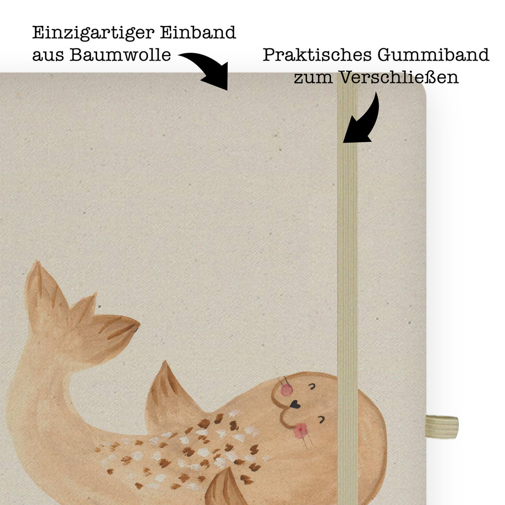 DIN A4 Baumwoll Notizbuch Robbe liegend Notizen, Eintragebuch, Tagebuch, Notizblock, Adressbuch, Journal, Kladde, Skizzenbuch, Notizheft, Schreibbuch, Schreibheft, Tiermotive, Gute Laune, lustige Sprüche, Tiere, Robbe, Robben, Seehund, Strand, Meerestier, Ostsee, Nordsee, Lachen, Freude