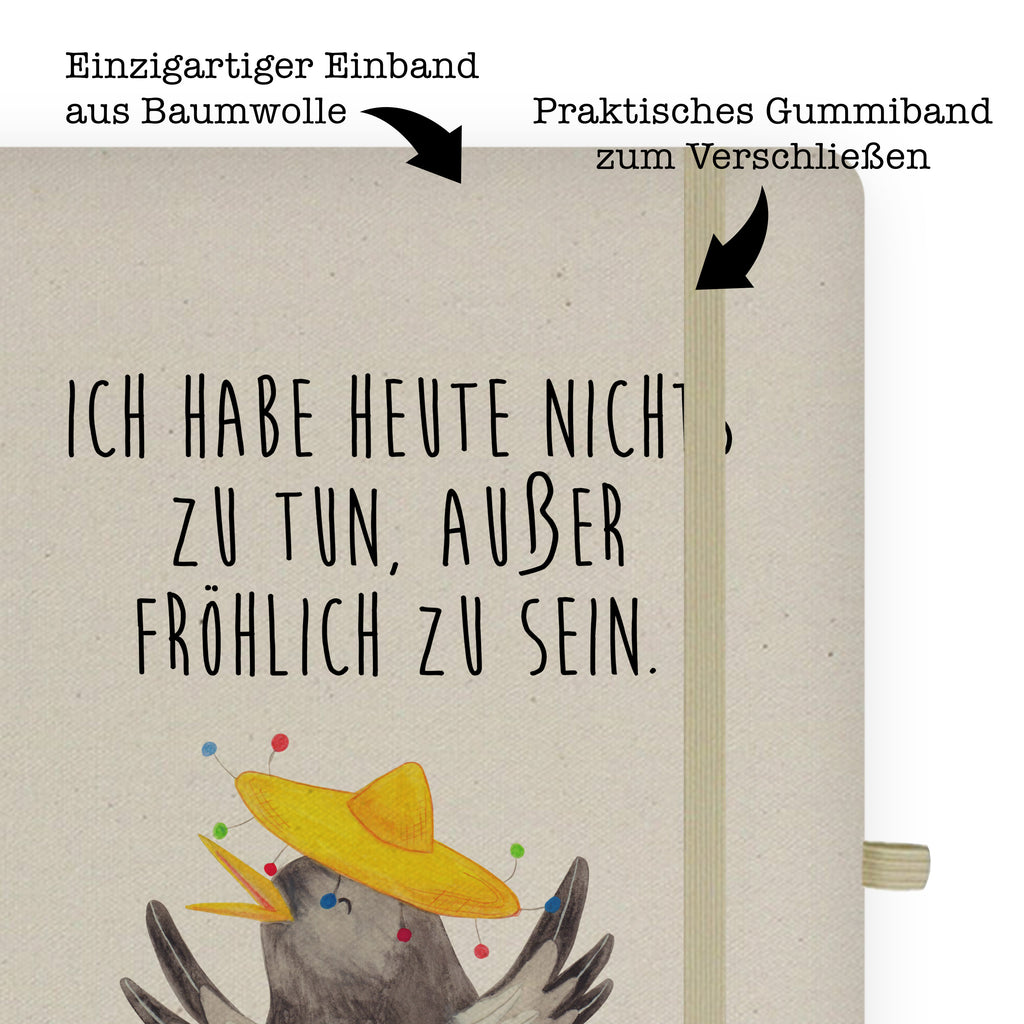 DIN A5 Baumwoll Notizbuch Rabe mit Sombrero Notizen, Eintragebuch, Tagebuch, Notizblock, Adressbuch, Journal, Kladde, Skizzenbuch, Notizheft, Schreibbuch, Schreibheft, Tiermotive, Gute Laune, lustige Sprüche, Tiere, Rabe, Vogel, Vögel, Spruch positiv, fröhlich sein, glücklich sein, Glück Spruch, froh, Elster, Motivation