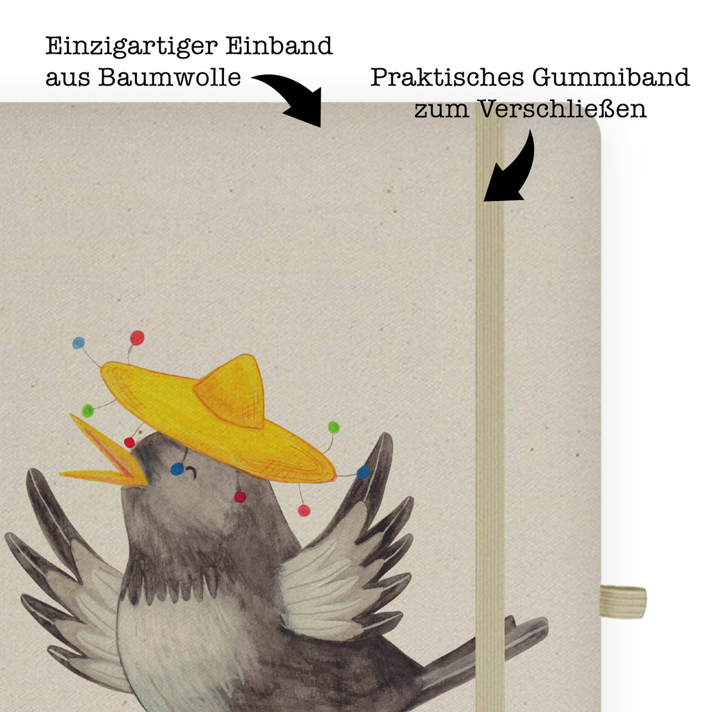 DIN A5 Baumwoll Notizbuch Rabe mit Sombrero Notizen, Eintragebuch, Tagebuch, Notizblock, Adressbuch, Journal, Kladde, Skizzenbuch, Notizheft, Schreibbuch, Schreibheft, Tiermotive, Gute Laune, lustige Sprüche, Tiere, Rabe, Vogel, Vögel, Spruch positiv, fröhlich sein, glücklich sein, Glück Spruch, froh, Elster, Motivation