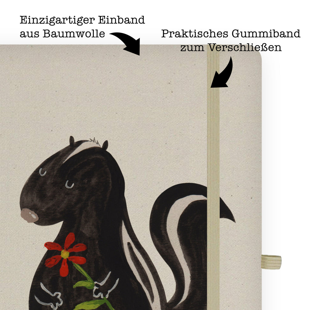 DIN A5 Baumwoll Notizbuch Stinktier Blume Notizen, Eintragebuch, Tagebuch, Notizblock, Adressbuch, Journal, Kladde, Skizzenbuch, Notizheft, Schreibbuch, Schreibheft, Stinktier, Skunk, Wildtier, Raubtier, Stinker, Stinki, Tagträumer, verträumt, Dreams, Träume