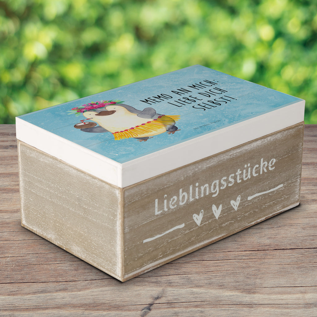 Holzkiste Pinguin Kokosnuss Holzkiste, Kiste, Schatzkiste, Truhe, Schatulle, XXL, Erinnerungsbox, Erinnerungskiste, Dekokiste, Aufbewahrungsbox, Pinguin, Aloha, Hawaii, Urlaub, Kokosnuss, Pinguine