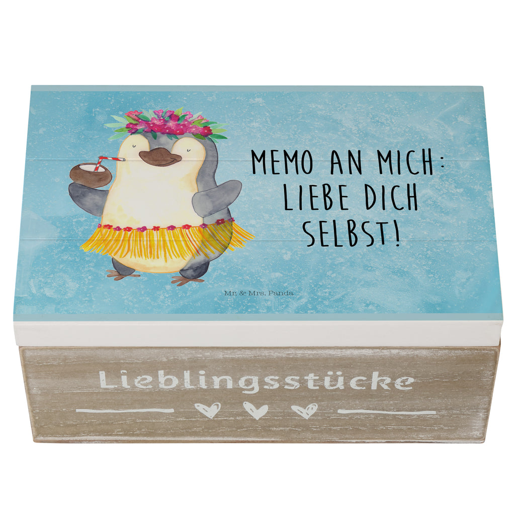 Holzkiste Pinguin Kokosnuss Holzkiste, Kiste, Schatzkiste, Truhe, Schatulle, XXL, Erinnerungsbox, Erinnerungskiste, Dekokiste, Aufbewahrungsbox, Pinguin, Aloha, Hawaii, Urlaub, Kokosnuss, Pinguine