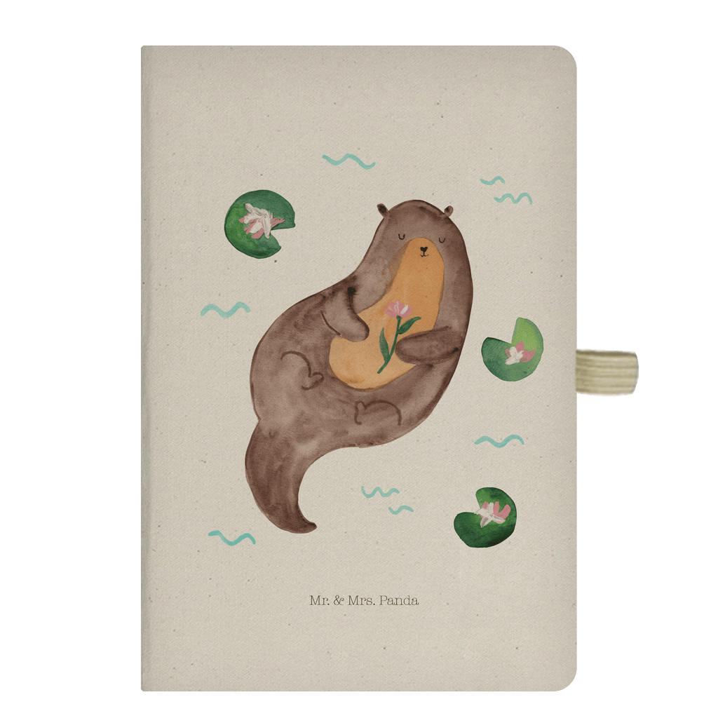 DIN A5 Baumwoll Notizbuch Otter mit Seerose Notizen, Eintragebuch, Tagebuch, Notizblock, Adressbuch, Journal, Kladde, Skizzenbuch, Notizheft, Schreibbuch, Schreibheft, Otter, Fischotter, Seeotter, Otter Seeotter See Otter