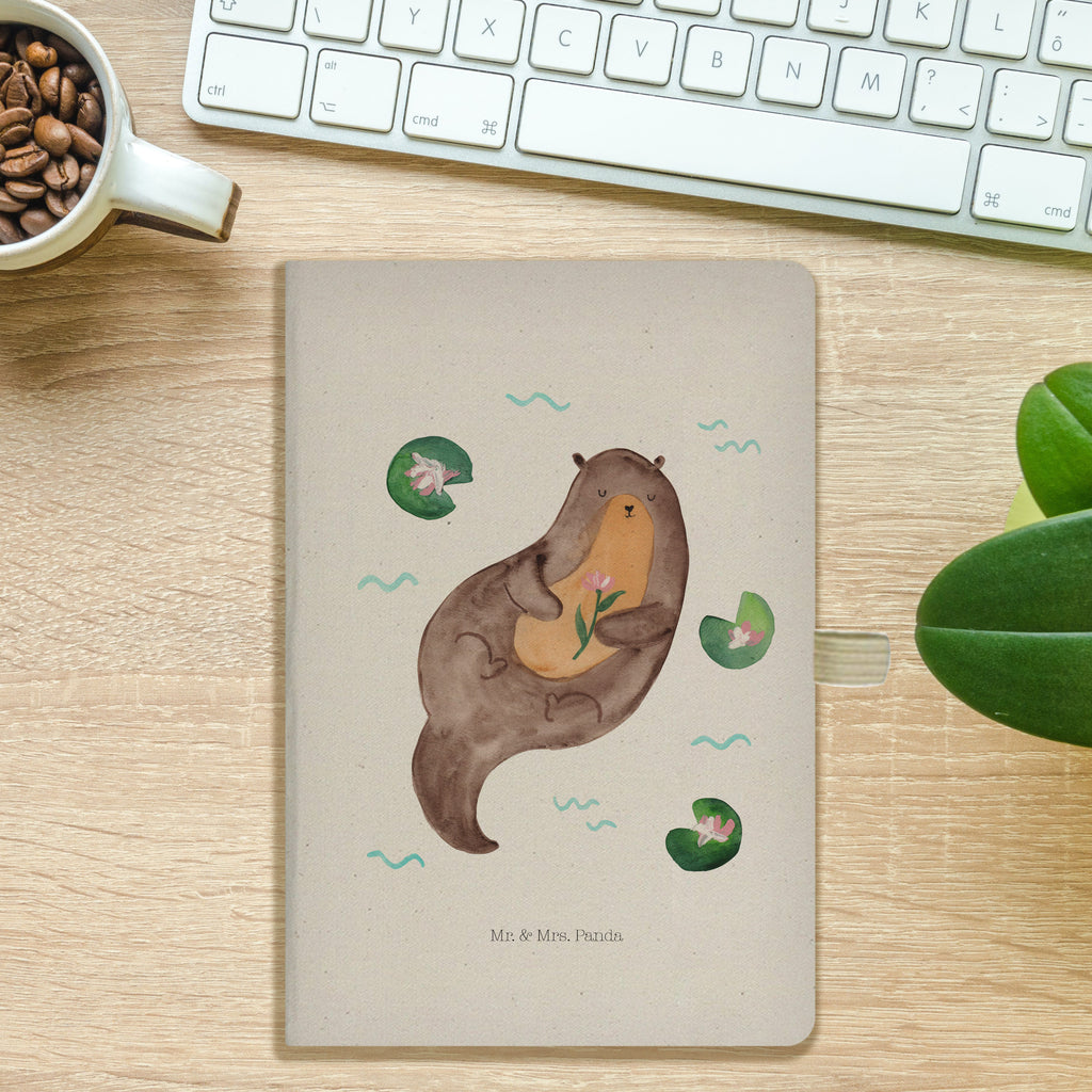 DIN A5 Baumwoll Notizbuch Otter mit Seerose Notizen, Eintragebuch, Tagebuch, Notizblock, Adressbuch, Journal, Kladde, Skizzenbuch, Notizheft, Schreibbuch, Schreibheft, Otter, Fischotter, Seeotter, Otter Seeotter See Otter