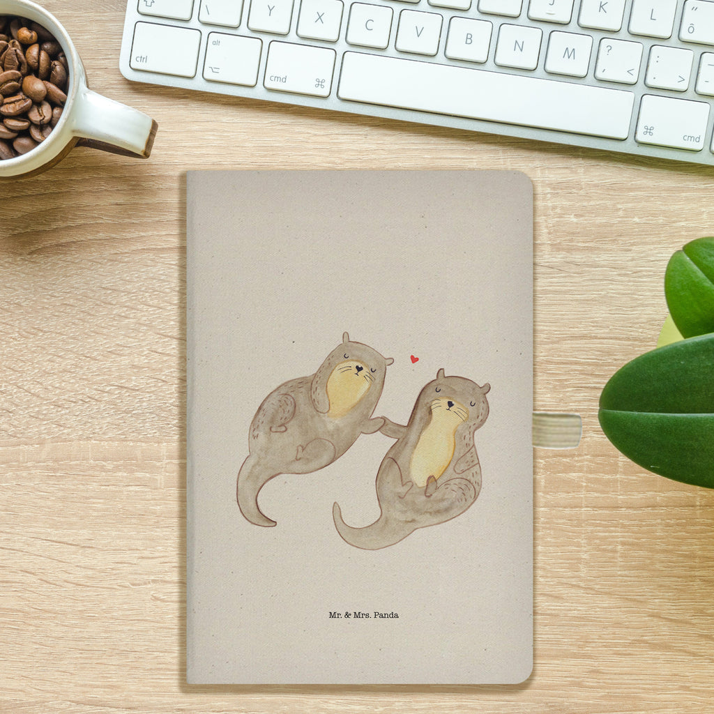 DIN A5 Baumwoll Notizbuch Otter händchenhaltend Notizen, Eintragebuch, Tagebuch, Notizblock, Adressbuch, Journal, Kladde, Skizzenbuch, Notizheft, Schreibbuch, Schreibheft, Otter, Fischotter, Seeotter, Otter Seeotter See Otter