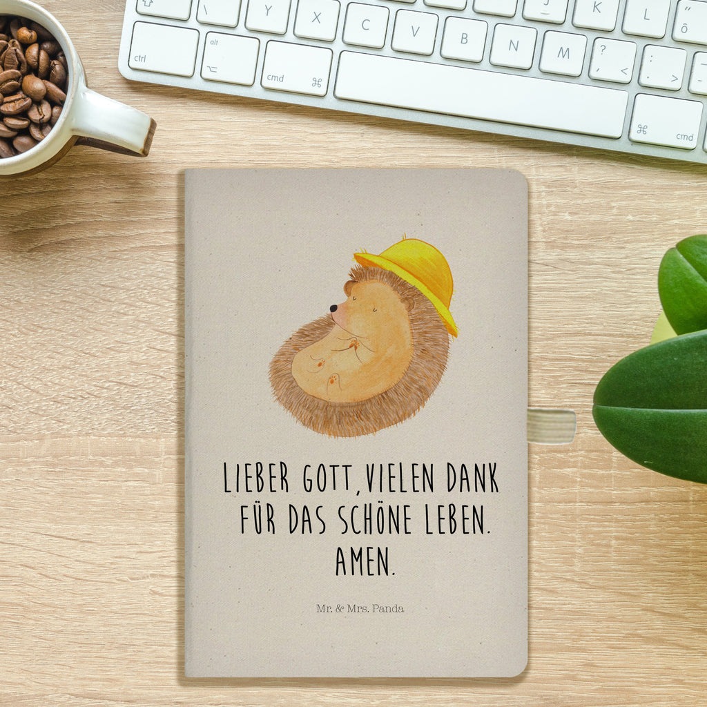 DIN A5 Baumwoll Notizbuch Igel betet Notizen, Eintragebuch, Tagebuch, Notizblock, Adressbuch, Journal, Kladde, Skizzenbuch, Notizheft, Schreibbuch, Schreibheft, Tiermotive, Gute Laune, lustige Sprüche, Tiere, Igel, Igel mit Hut, Sonnenhut, Gott, Amen, beten, Leben, Dankbarkeit, Dankbar sein, dankbar, genießen
