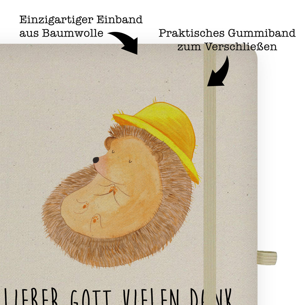DIN A5 Baumwoll Notizbuch Igel betet Notizen, Eintragebuch, Tagebuch, Notizblock, Adressbuch, Journal, Kladde, Skizzenbuch, Notizheft, Schreibbuch, Schreibheft, Tiermotive, Gute Laune, lustige Sprüche, Tiere, Igel, Igel mit Hut, Sonnenhut, Gott, Amen, beten, Leben, Dankbarkeit, Dankbar sein, dankbar, genießen
