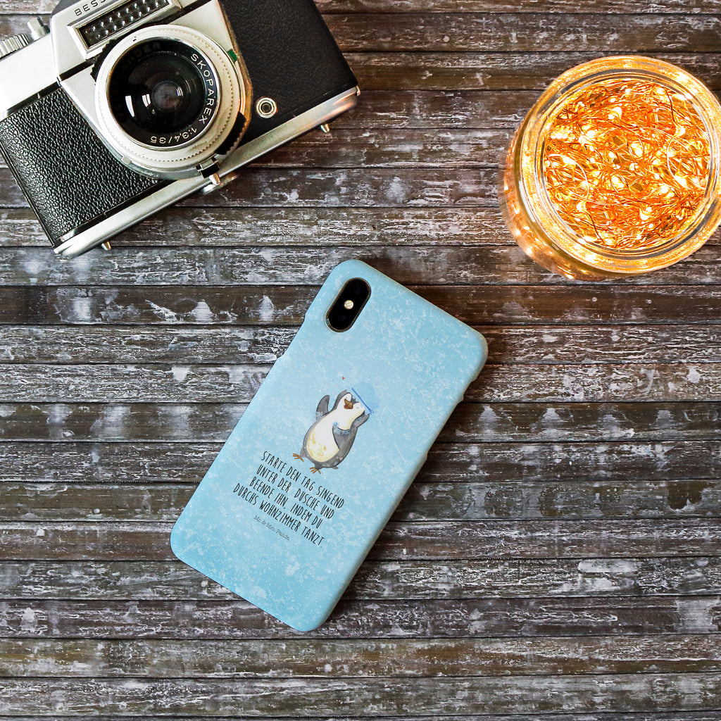 Iphone XS Handyhülle Pinguin duscht Iphone XS Handyhülle, Handyhülle, Iphone XS, Smartphone, Hülle, Pinguin, Pinguine, Dusche, duschen, Lebensmotto, Motivation, Neustart, Neuanfang, glücklich sein