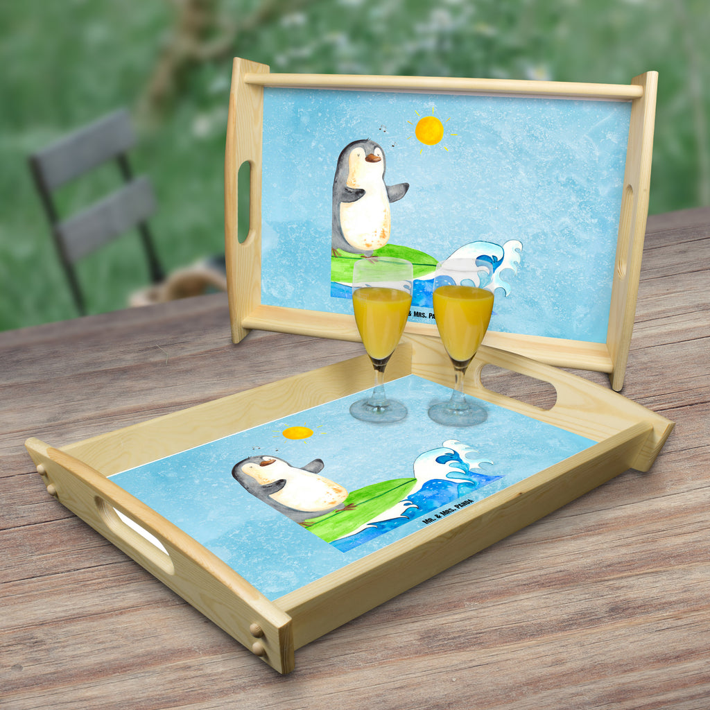 Serviertablett Pinguin Surfer Tablett, Holztablett, Küchentablett, Dekotablett, Frühstückstablett, Pinguin, Pinguine, surfen, Surfer, Hawaii, Urlaub, Wellen, Wellen reiten, Portugal