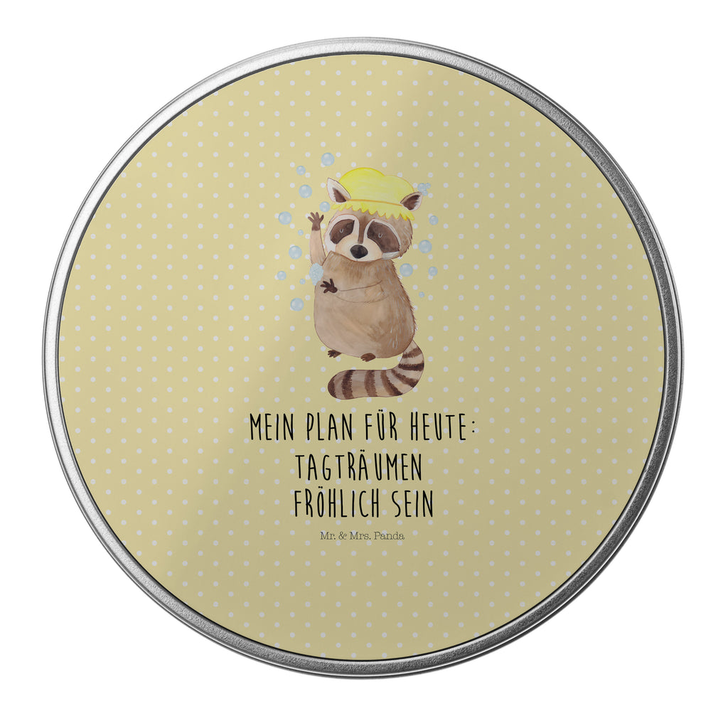 Blechdose rund Waschbär Metalldose, Keksdose, Dose, Vorratsdose, Geschenkbox, Tiermotive, Gute Laune, lustige Sprüche, Tiere, Waschbär, Tagträumen, Plan, Fröhlich, waschen, Seifenblasen