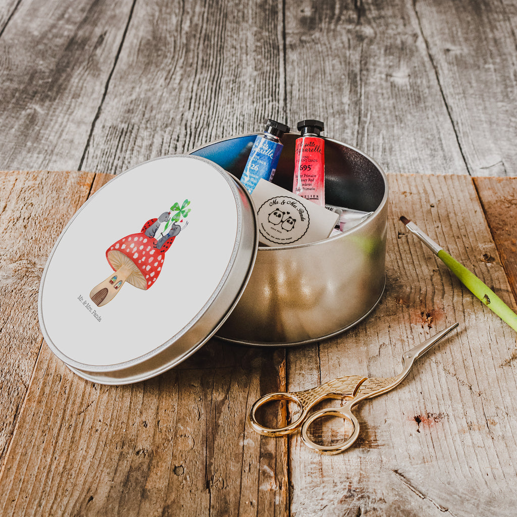 Blechdose rund Marienkäfer Paar Fliegenpilz Metalldose, Keksdose, Dose, Vorratsdose, Geschenkbox, Tiermotive, Gute Laune, lustige Sprüche, Tiere, Haus, Wohnung, zuhause, Fliegenpilz, Marienkäfer, Fleigenpilzhaus