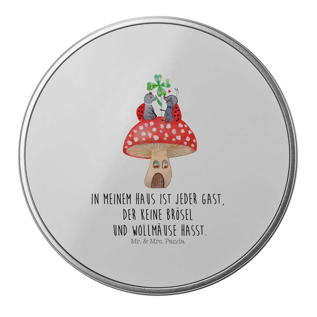 Blechdose rund Marienkäfer Paar Fliegenpilz Metalldose, Keksdose, Dose, Vorratsdose, Geschenkbox, Tiermotive, Gute Laune, lustige Sprüche, Tiere, Haus, Wohnung, zuhause, Fliegenpilz, Marienkäfer, Fleigenpilzhaus