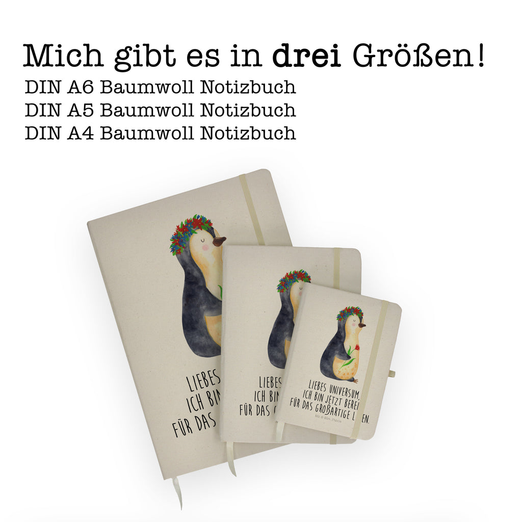 DIN A4 Baumwoll Notizbuch Pinguin Blumenkranz Notizen, Eintragebuch, Tagebuch, Notizblock, Adressbuch, Journal, Kladde, Skizzenbuch, Notizheft, Schreibbuch, Schreibheft, Pinguin, Pinguine, Blumenkranz, Universum, Leben, Wünsche, Ziele, Lebensziele, Motivation, Lebenslust, Liebeskummer, Geschenkidee