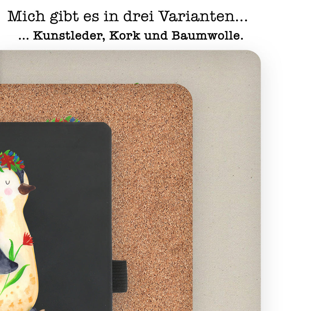 DIN A4 Baumwoll Notizbuch Pinguin Blumenkranz Notizen, Eintragebuch, Tagebuch, Notizblock, Adressbuch, Journal, Kladde, Skizzenbuch, Notizheft, Schreibbuch, Schreibheft, Pinguin, Pinguine, Blumenkranz, Universum, Leben, Wünsche, Ziele, Lebensziele, Motivation, Lebenslust, Liebeskummer, Geschenkidee