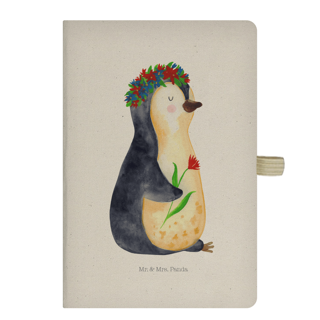 DIN A4 Baumwoll Notizbuch Pinguin Blumenkranz Notizen, Eintragebuch, Tagebuch, Notizblock, Adressbuch, Journal, Kladde, Skizzenbuch, Notizheft, Schreibbuch, Schreibheft, Pinguin, Pinguine, Blumenkranz, Universum, Leben, Wünsche, Ziele, Lebensziele, Motivation, Lebenslust, Liebeskummer, Geschenkidee