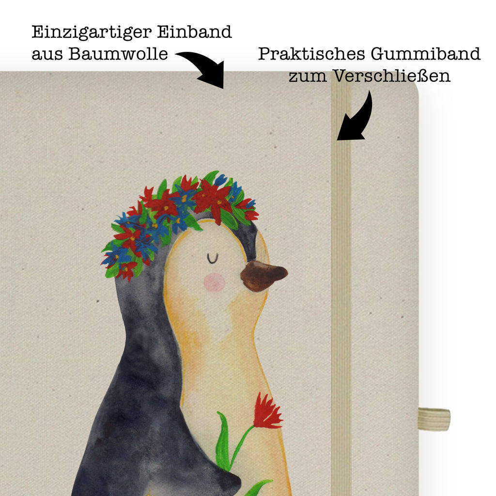 DIN A4 Baumwoll Notizbuch Pinguin Blumenkranz Notizen, Eintragebuch, Tagebuch, Notizblock, Adressbuch, Journal, Kladde, Skizzenbuch, Notizheft, Schreibbuch, Schreibheft, Pinguin, Pinguine, Blumenkranz, Universum, Leben, Wünsche, Ziele, Lebensziele, Motivation, Lebenslust, Liebeskummer, Geschenkidee
