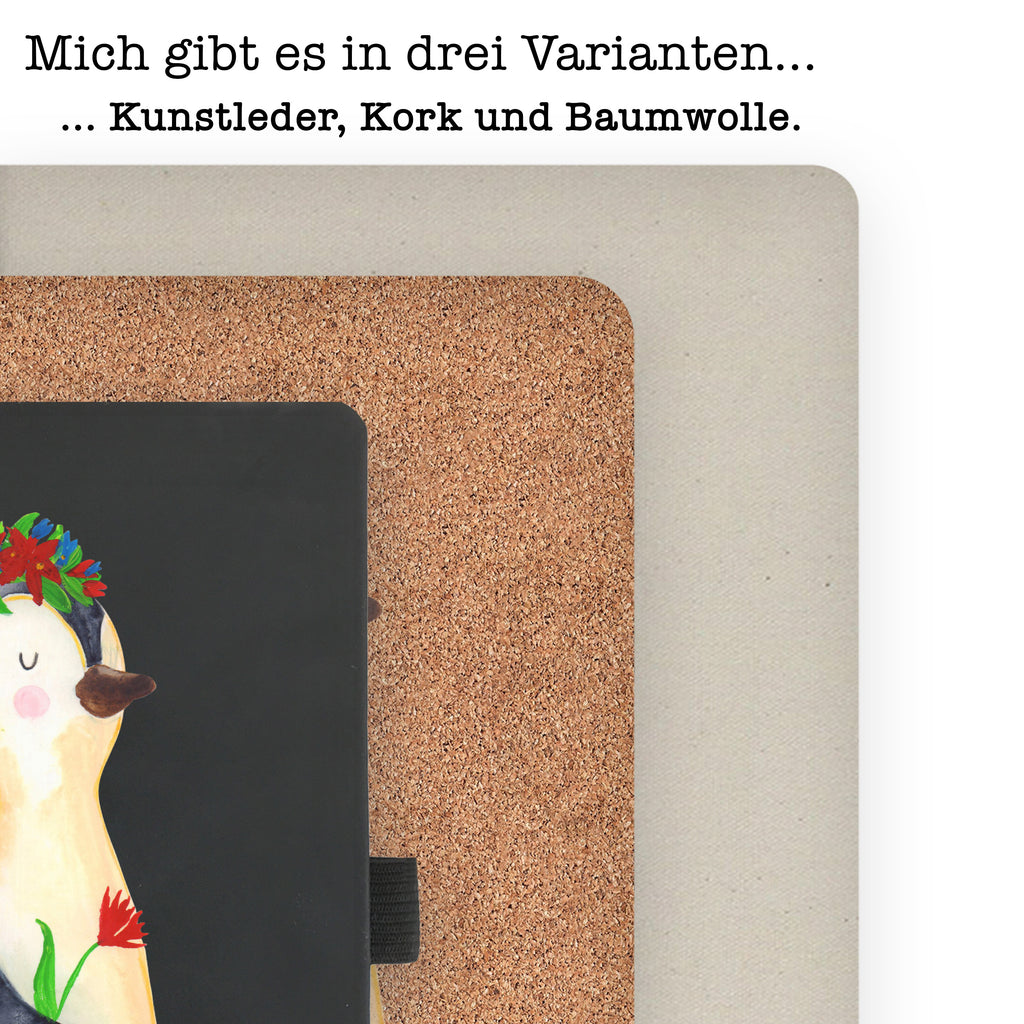 DIN A4 Baumwoll Notizbuch Pinguin Blumenkranz Notizen, Eintragebuch, Tagebuch, Notizblock, Adressbuch, Journal, Kladde, Skizzenbuch, Notizheft, Schreibbuch, Schreibheft, Pinguin, Pinguine, Blumenkranz, Universum, Leben, Wünsche, Ziele, Lebensziele, Motivation, Lebenslust, Liebeskummer, Geschenkidee