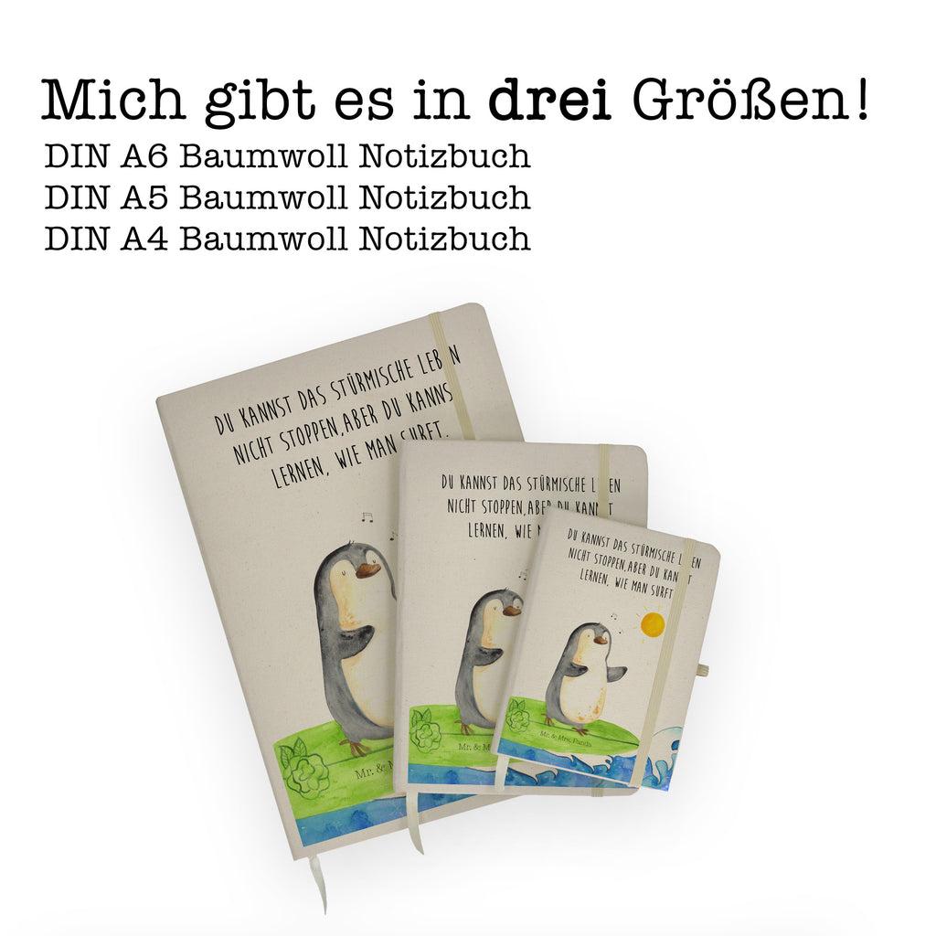 DIN A4 Baumwoll Notizbuch Pinguin Surfer Notizen, Eintragebuch, Tagebuch, Notizblock, Adressbuch, Journal, Kladde, Skizzenbuch, Notizheft, Schreibbuch, Schreibheft, Pinguin, Pinguine, surfen, Surfer, Hawaii, Urlaub, Wellen, Wellen reiten, Portugal