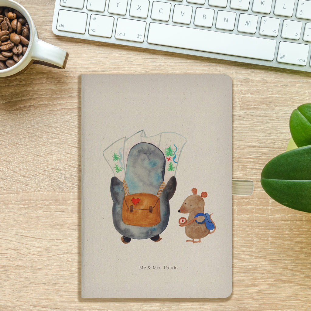 DIN A5 Baumwoll Notizbuch Pinguin & Maus Wanderer Notizen, Eintragebuch, Tagebuch, Notizblock, Adressbuch, Journal, Kladde, Skizzenbuch, Notizheft, Schreibbuch, Schreibheft, Pinguin, Pinguine, Abenteurer, Abenteuer, Roadtrip, Ausflug, Wanderlust, wandern