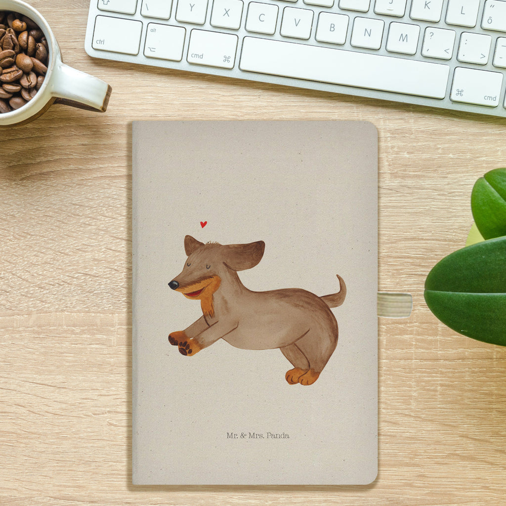 DIN A5 Baumwoll Notizbuch Hund Dackel fröhlich Notizen, Eintragebuch, Tagebuch, Notizblock, Adressbuch, Journal, Kladde, Skizzenbuch, Notizheft, Schreibbuch, Schreibheft, Hund, Hundemotiv, Haustier, Hunderasse, Tierliebhaber, Hundebesitzer, Sprüche, Hunde, Dackel, Dachshund, happy dog