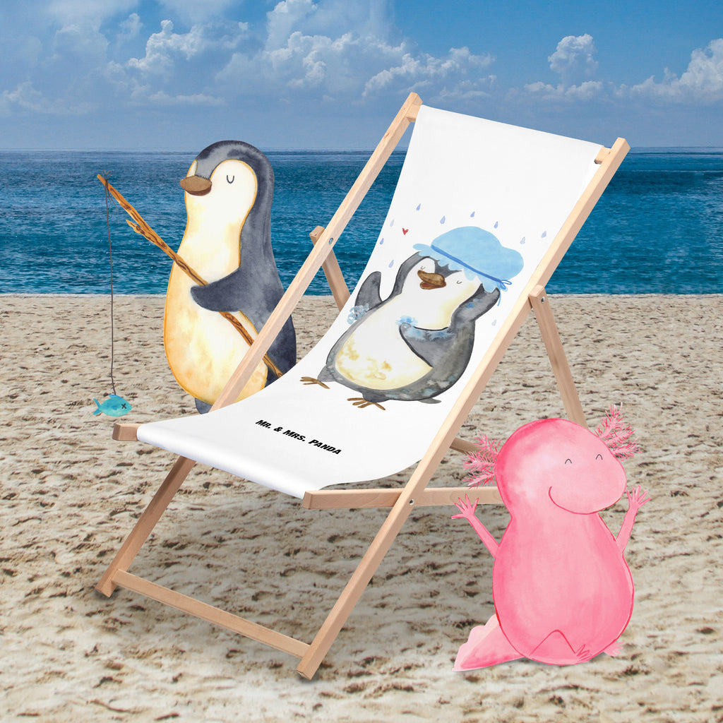 Gartenliege Pinguin duscht Sonnenliege, Strandliege, Liege, Liegestuhl, Gartenliege, Gartenstuhl, Pinguin, Pinguine, Dusche, duschen, Lebensmotto, Motivation, Neustart, Neuanfang, glücklich sein