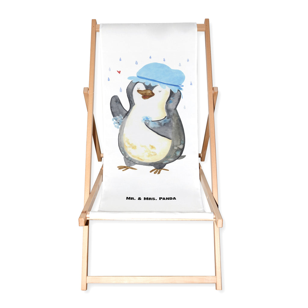 Gartenliege Pinguin duscht Sonnenliege, Strandliege, Liege, Liegestuhl, Gartenliege, Gartenstuhl, Pinguin, Pinguine, Dusche, duschen, Lebensmotto, Motivation, Neustart, Neuanfang, glücklich sein
