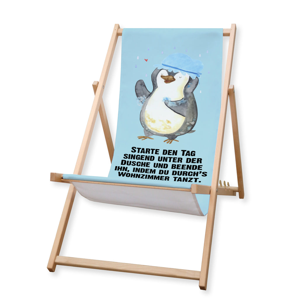 Gartenliege Pinguin duscht Sonnenliege, Strandliege, Liege, Liegestuhl, Gartenliege, Gartenstuhl, Pinguin, Pinguine, Dusche, duschen, Lebensmotto, Motivation, Neustart, Neuanfang, glücklich sein
