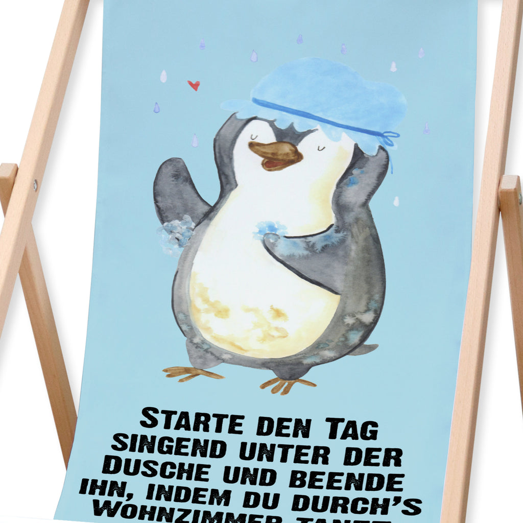 Gartenliege Pinguin duscht Sonnenliege, Strandliege, Liege, Liegestuhl, Gartenliege, Gartenstuhl, Pinguin, Pinguine, Dusche, duschen, Lebensmotto, Motivation, Neustart, Neuanfang, glücklich sein