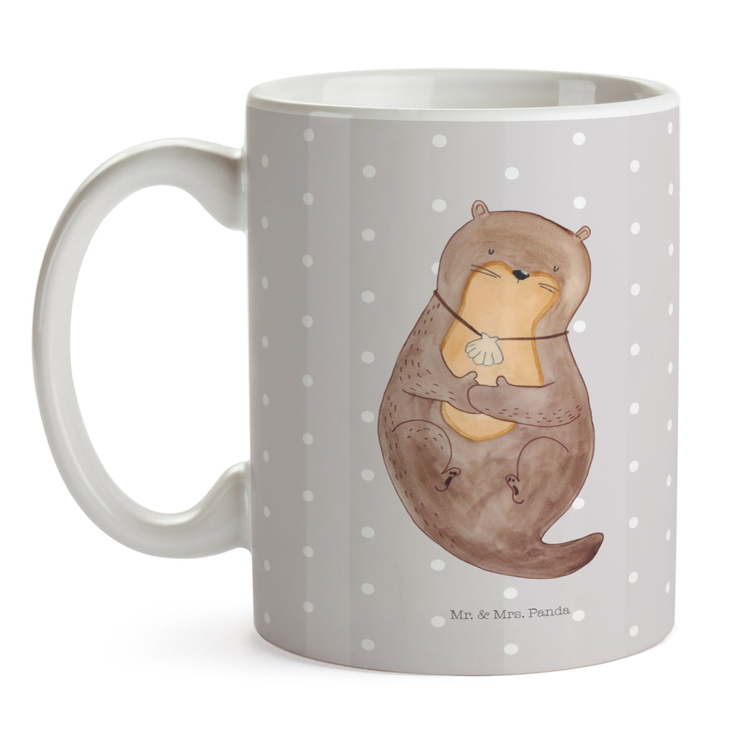 Tasse Otter mit Muschelmedaillon Otter, Otterliebe, Seeotter, grübeln, träumen, Motivation, Tagträumen, Büro	 Becher, Kaffeetasse, Kaffeebecher, Tee, Frühstück, Büro  Otter,  Fischotter,  Seeotter