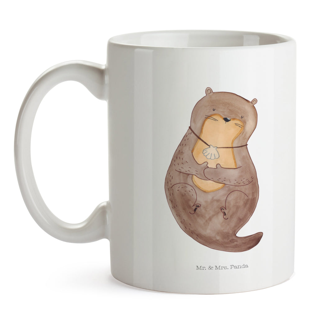 Tasse Otter mit Muschelmedaillon Otter, Otterliebe, Seeotter, grübeln, träumen, Motivation, Tagträumen, Büro	 Becher, Kaffeetasse, Kaffeebecher, Tee, Frühstück, Büro  Otter,  Fischotter,  Seeotter