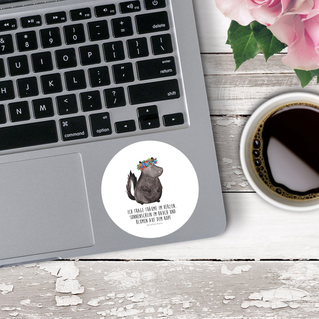 80mm Rund Aufkleber Stinktier Blumenmaedchen Sticker, Aufkleber, Etikett, Stinktier, Skunk, Wildtier, Raubtier, Stinker, Stinki, Yoga, Namaste, Lebe, Liebe, Lache