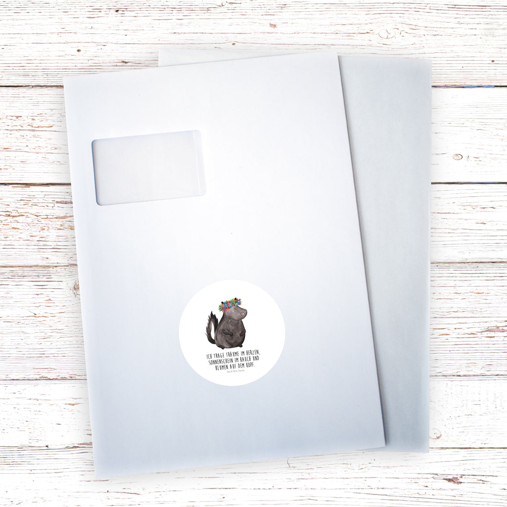 80mm Rund Aufkleber Stinktier Blumenmaedchen Sticker, Aufkleber, Etikett, Stinktier, Skunk, Wildtier, Raubtier, Stinker, Stinki, Yoga, Namaste, Lebe, Liebe, Lache