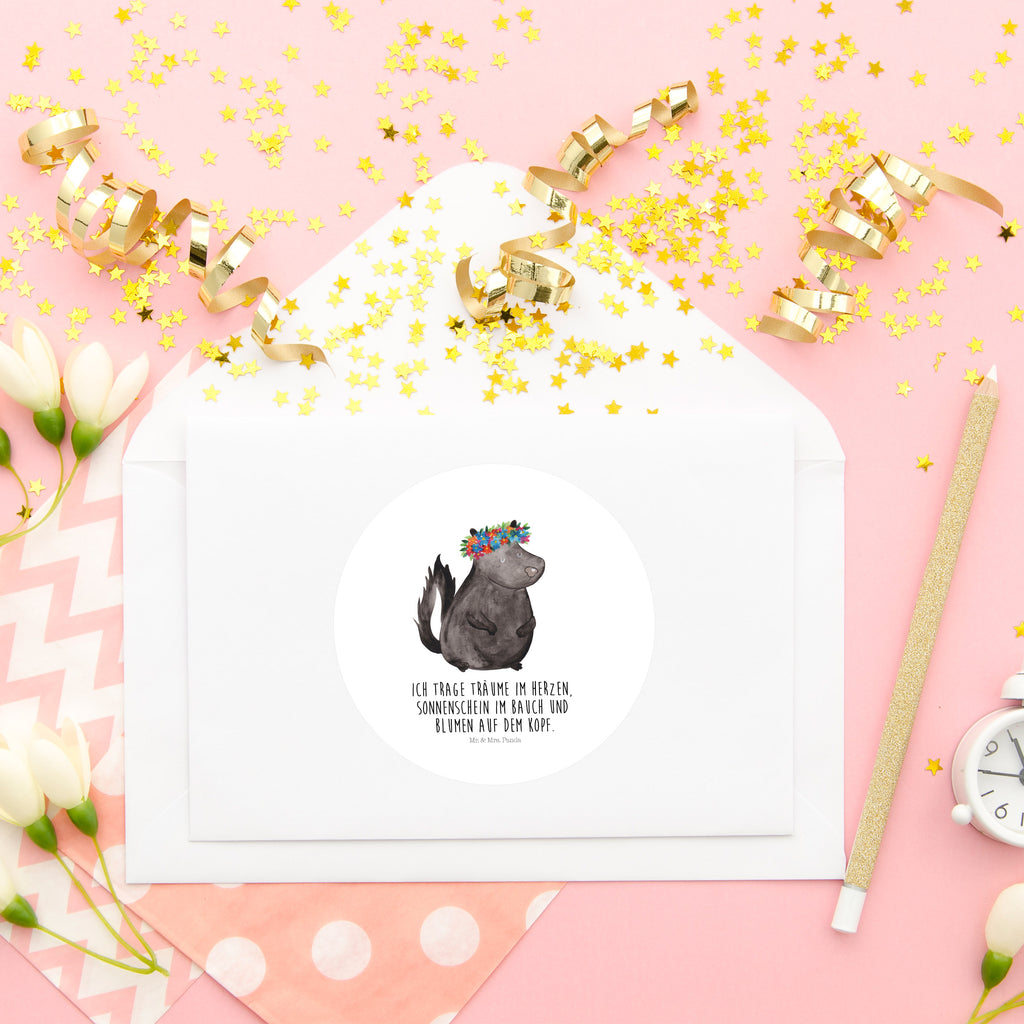80mm Rund Aufkleber Stinktier Blumenmaedchen Sticker, Aufkleber, Etikett, Stinktier, Skunk, Wildtier, Raubtier, Stinker, Stinki, Yoga, Namaste, Lebe, Liebe, Lache