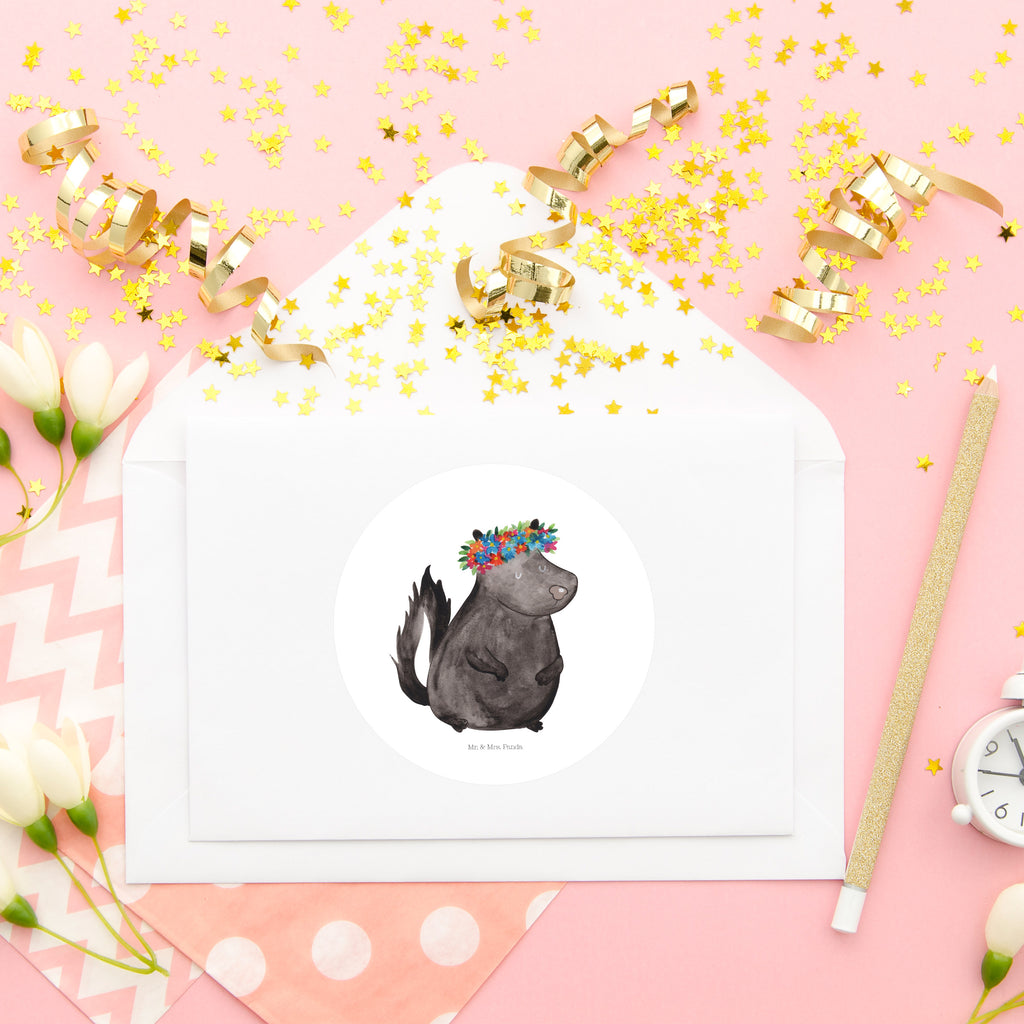 80mm Rund Aufkleber Stinktier Blumenmaedchen Sticker, Aufkleber, Etikett, Stinktier, Skunk, Wildtier, Raubtier, Stinker, Stinki, Yoga, Namaste, Lebe, Liebe, Lache