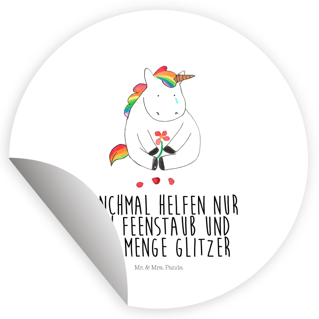 80mm Rund Aufkleber Einhorn Traurig Sticker, Aufkleber, Etikett, Einhorn, Einhörner, Einhorn Deko, Pegasus, Unicorn, Glitzer, Trösten. Freundschaft, Freunde, Liebe, Trauer, Grußkarte, Blume