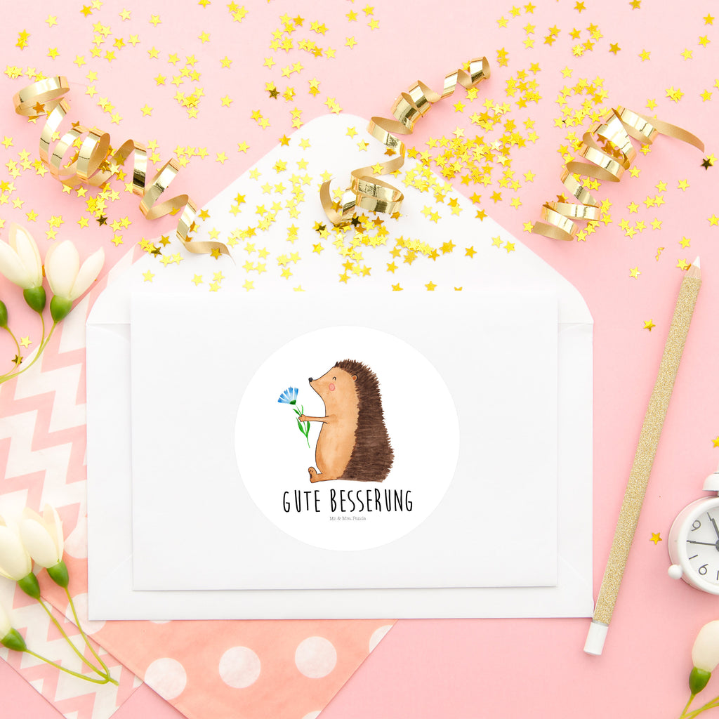 80mm Rund Aufkleber Igel mit Blume Sticker, Aufkleber, Etikett, süße Tiermotive, gute Laune, lustige Sprüche, Tiere, Igel, Gute Besserung, Genesungswünsche, Krankheit, Krankenhaus, krank, Besuch