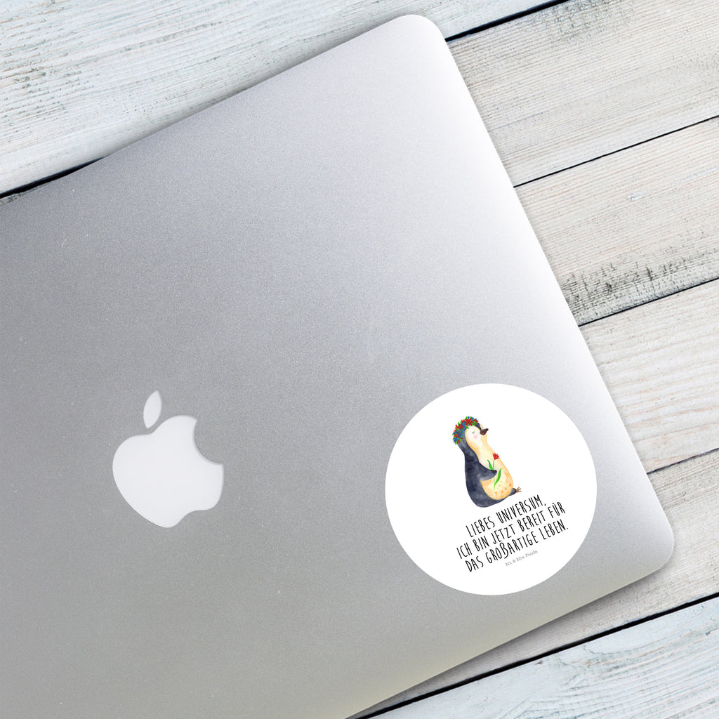 80mm Rund Aufkleber Pinguin Blumenkranz Sticker, Aufkleber, Etikett, Pinguin, Pinguine, Blumenkranz, Universum, Leben, Wünsche, Ziele, Lebensziele, Motivation, Lebenslust, Liebeskummer, Geschenkidee