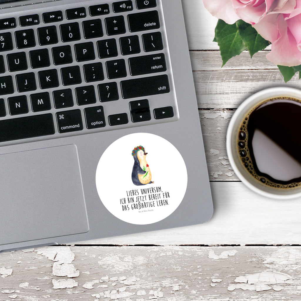 80mm Rund Aufkleber Pinguin Blumenkranz Sticker, Aufkleber, Etikett, Pinguin, Pinguine, Blumenkranz, Universum, Leben, Wünsche, Ziele, Lebensziele, Motivation, Lebenslust, Liebeskummer, Geschenkidee