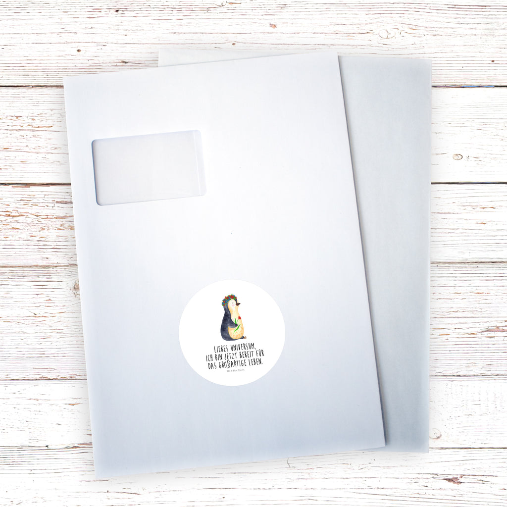 80mm Rund Aufkleber Pinguin Blumenkranz Sticker, Aufkleber, Etikett, Pinguin, Pinguine, Blumenkranz, Universum, Leben, Wünsche, Ziele, Lebensziele, Motivation, Lebenslust, Liebeskummer, Geschenkidee