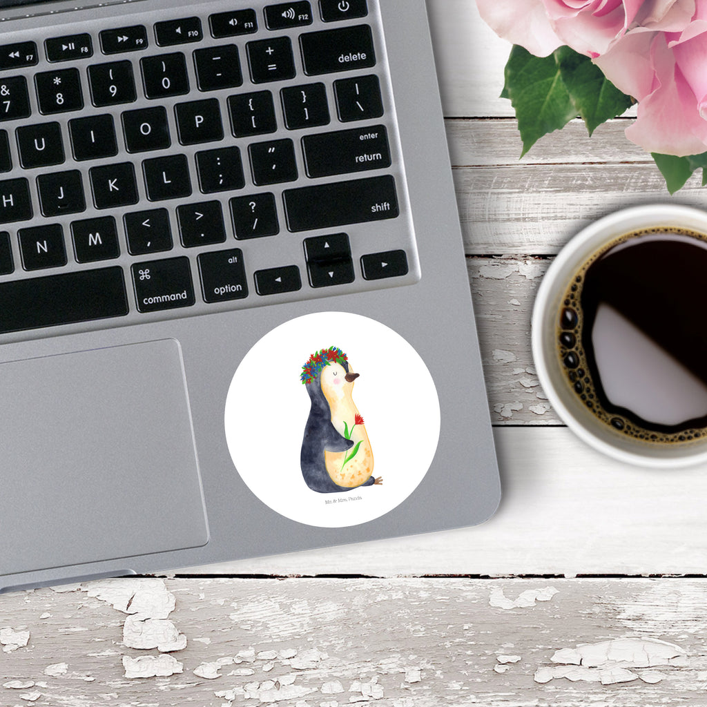 80mm Rund Aufkleber Pinguin Blumenkranz Sticker, Aufkleber, Etikett, Pinguin, Pinguine, Blumenkranz, Universum, Leben, Wünsche, Ziele, Lebensziele, Motivation, Lebenslust, Liebeskummer, Geschenkidee
