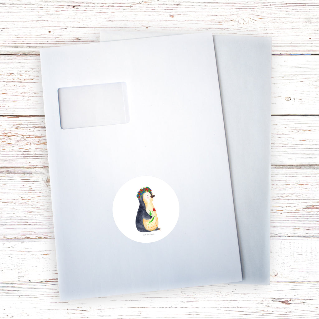 80mm Rund Aufkleber Pinguin Blumenkranz Sticker, Aufkleber, Etikett, Pinguin, Pinguine, Blumenkranz, Universum, Leben, Wünsche, Ziele, Lebensziele, Motivation, Lebenslust, Liebeskummer, Geschenkidee