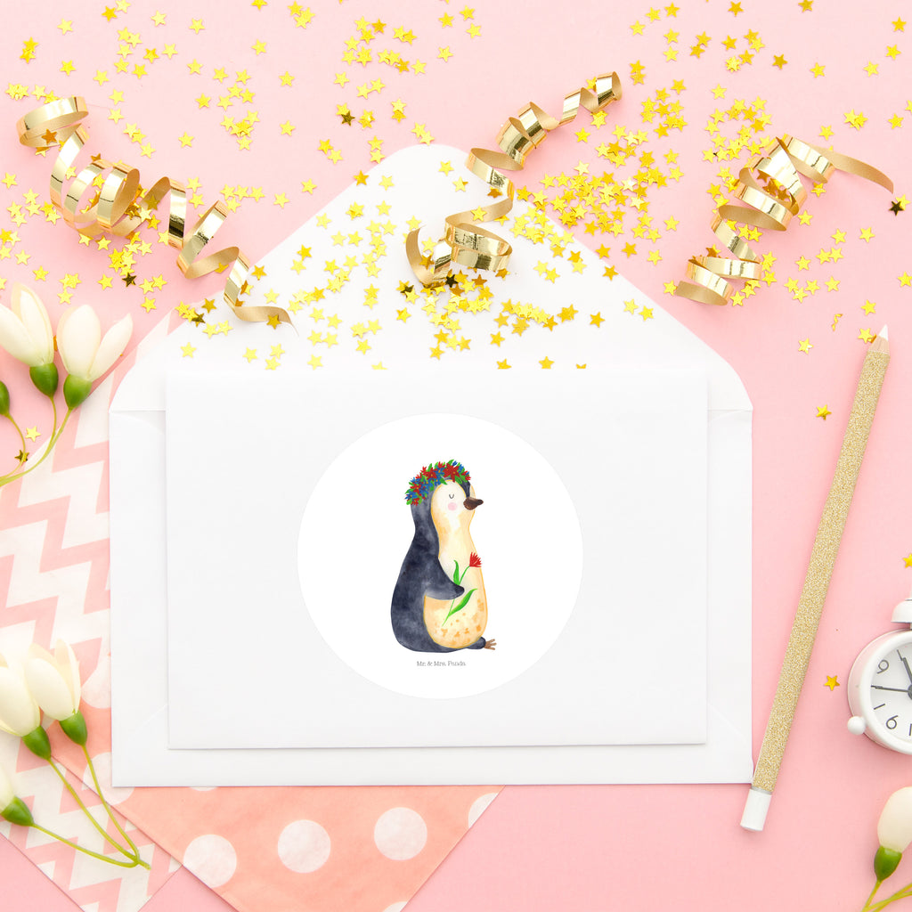 80mm Rund Aufkleber Pinguin Blumenkranz Sticker, Aufkleber, Etikett, Pinguin, Pinguine, Blumenkranz, Universum, Leben, Wünsche, Ziele, Lebensziele, Motivation, Lebenslust, Liebeskummer, Geschenkidee