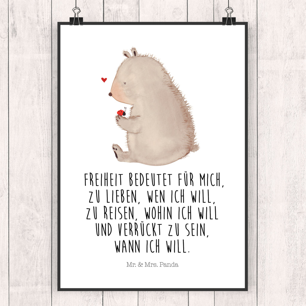 Poster Bär mit Marienkäfer Poster, Wandposter, Bild, Wanddeko, Küchenposter, Kinderposter, Wanddeko Bild, Raumdekoration, Wanddekoration, Handgemaltes Poster, Mr. & Mrs. Panda Poster, Designposter, Kunstdruck, Posterdruck, Bär, Teddy, Teddybär, Marienkäfer, Liebe, Freiheit, Motivation, Das Leben ist schön