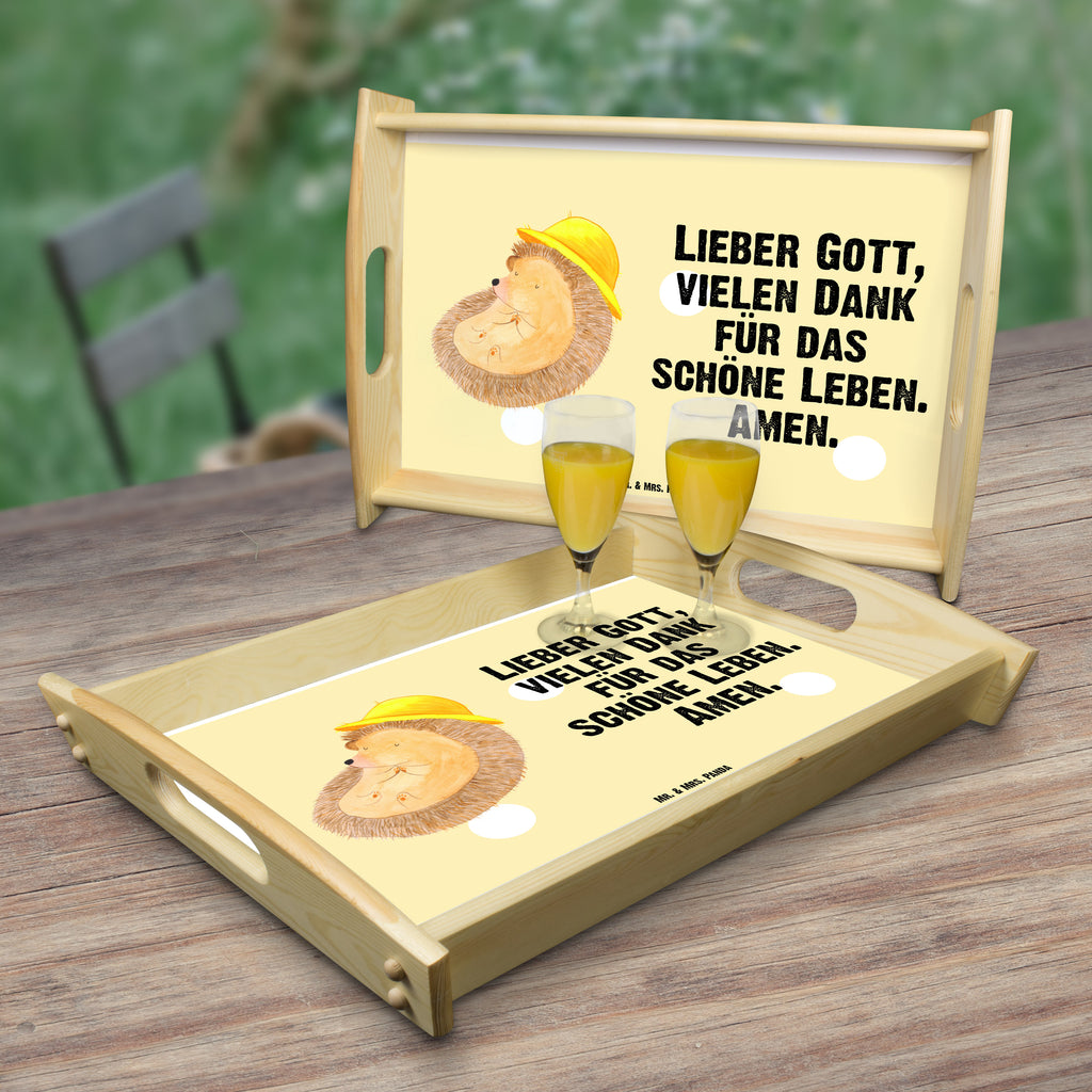Serviertablett Igel betet Tablett, Holztablett, Küchentablett, Dekotablett, Frühstückstablett, Tiermotive, Gute Laune, lustige Sprüche, Tiere, Igel, Igel mit Hut, Sonnenhut, Gott, Amen, beten, Leben, Dankbarkeit, Dankbar sein, dankbar, genießen